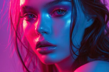 Obraz premium Fashion model in neon lights with trendy makeup in studio.