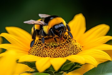 Bumblebees, buzzing around sunflowers, bright yellow blooms bring energy and movement to the garden