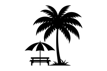 plam tree with beanch & umbrella silhouette vector,icon illustration.