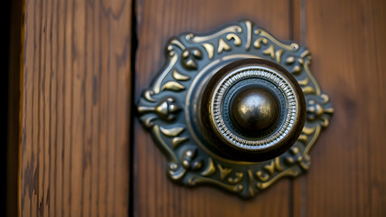 Fototapeta premium Close up of vintage round door knob on ornate metal plate with keyhole wooden door. Generative AI