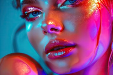 High fashion model posing in colorful neon lights portrait.