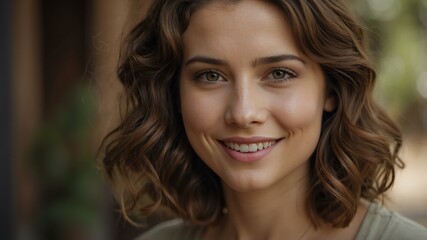 a young woman with short wavy brown hair fair skin clean background