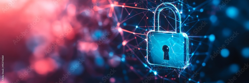 Poster Close-up of a glowing lock icon surrounded by a complex digital network representing cyber security and encrypted data. Futuristic data protection visualization.