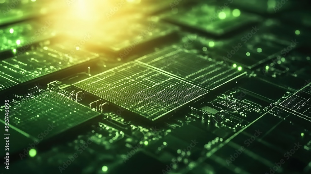Poster a close-up view of interconnected microchips on a circuit board glowing in green light during a tech