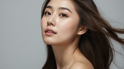 Naklejka premium portrait of a young woman with long brown hair background