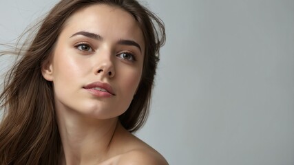 portrait of a young woman with long brown hair background