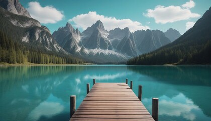 Serene Mountain Lake with Wooden Dock and Dramatic Sky