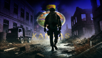 A lone soldier walking through a war-torn urban landscape with the Kansas flag overlay, symbolizing the bravery and resilience of  military forces in conflict zones.
