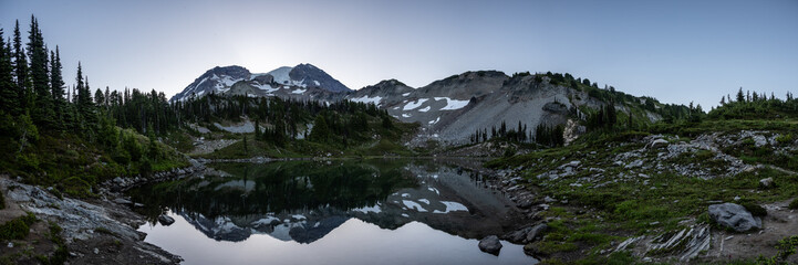 Panorama of St. Andrews Lake with mount Rainier Towering