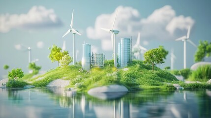 Obraz premium A modern eco-friendly city with green energy sources and lush landscapes by the water in a serene setting