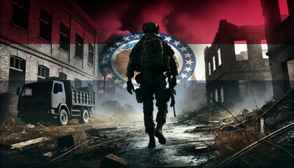 A lone soldier walking through a war-torn urban landscape with the Missouri flag overlay, symbolizing the bravery and resilience of  military forces in conflict zones.