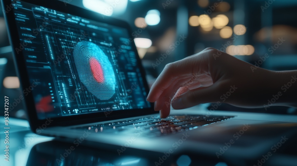 Poster Hand pointing at a digital fingerprint scan on a laptop screen, representing biometric security and data protection in the modern digital world. identity verification and cybersecurity.