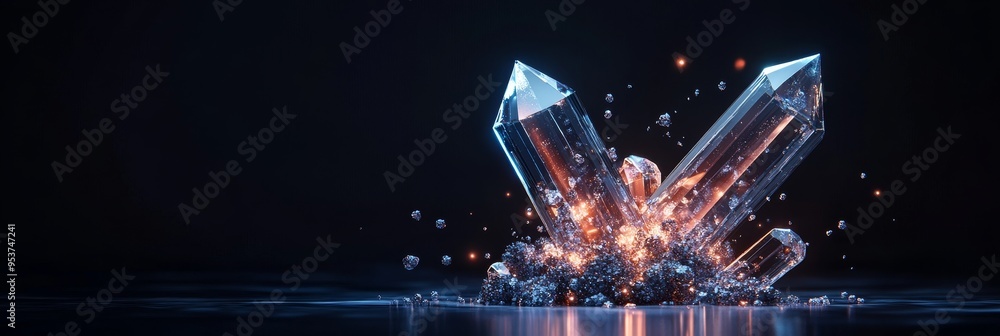 Poster A vibrant crystal structure with a glowing core, symbolizing energy, power, and transformation. The crystals appear to be breaking apart, showcasing their internal structure and illuminating the surro