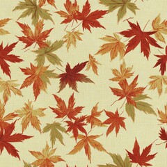 A traditional Japanese fabric pattern showcasing a repeating design of Maple leaves floating in the wind. The leaves are depicted in vibrant shades of red, orange, and gold, with intricate veins and