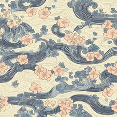 A traditional Japanese fabric pattern featuring a repeating design of stylized cherry blossoms and flowing water. The cherry blossoms are depicted in shades of pink and white, with delicate petals