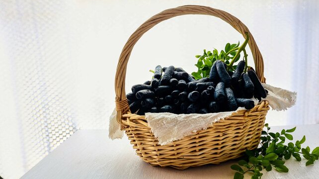 Moon drops grape,in the busket ,bunch of black grape on white background, fresh grapes fruit