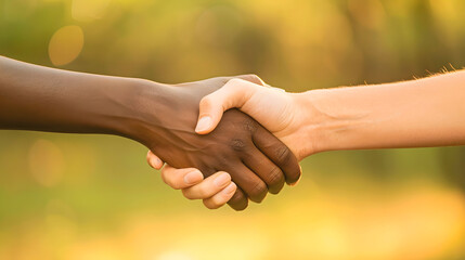 Two hands shake in a warm sunset, symbolizing unity and friendship outdoors. Generative by AI