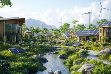 Modern eco-friendly village with solar panels and wind turbines, set against a serene landscape with lush greenery and a flowing stream.