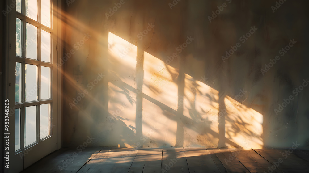 Aufkleber sunlight streaming through window in empty room. generative ai.