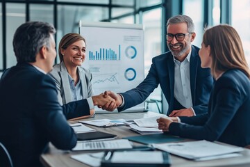 A dynamic office meeting with professionals engaging in a handshake, symbolizing teamwork and partnership among executives striving for collective success, emphasizing collaboration and communication