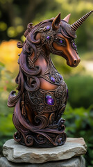 Fototapeta premium A handcrafted leather unicorn figurine, featuring intricate Celtic patterns and embedded with purple gemstones. Have a rich brown leather texture with an elegant shine