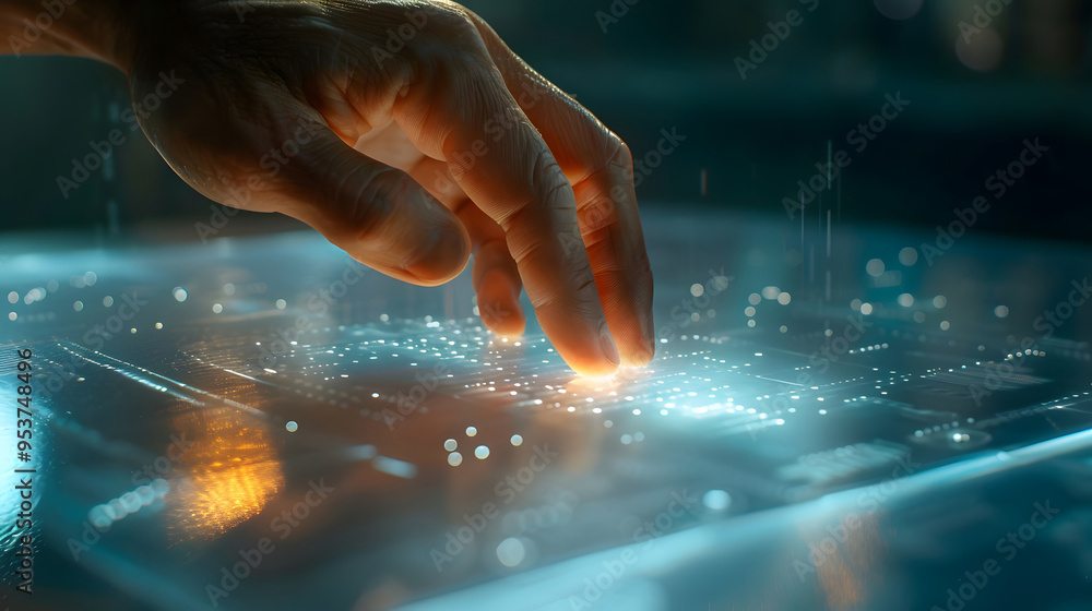 Poster hand interacting with a holographic interface at an advanced tech facility. generative by ai