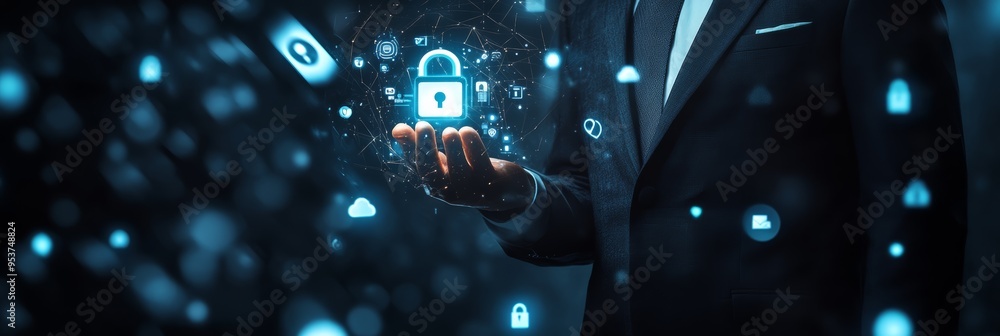 Poster Businessman holding a glowing digital lock hologram representing cybersecurity. Secure access and data protection concept