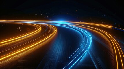 A dynamic highway scene illuminated by vibrant blue and orange light trails, suggesting speed and movement.