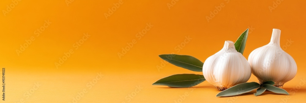 Wall mural Two fresh garlic cloves with green leaves on a bright orange background. The image symbolizes freshness, flavor, and natural ingredients. It evokes a sense of culinary delight and healthy eating.