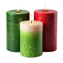 Three colorful holiday candles with lit wicks, featuring red, green, and white colors. The candles are displayed together, creating a festive atmosphere. Isolated on transparent background, png.