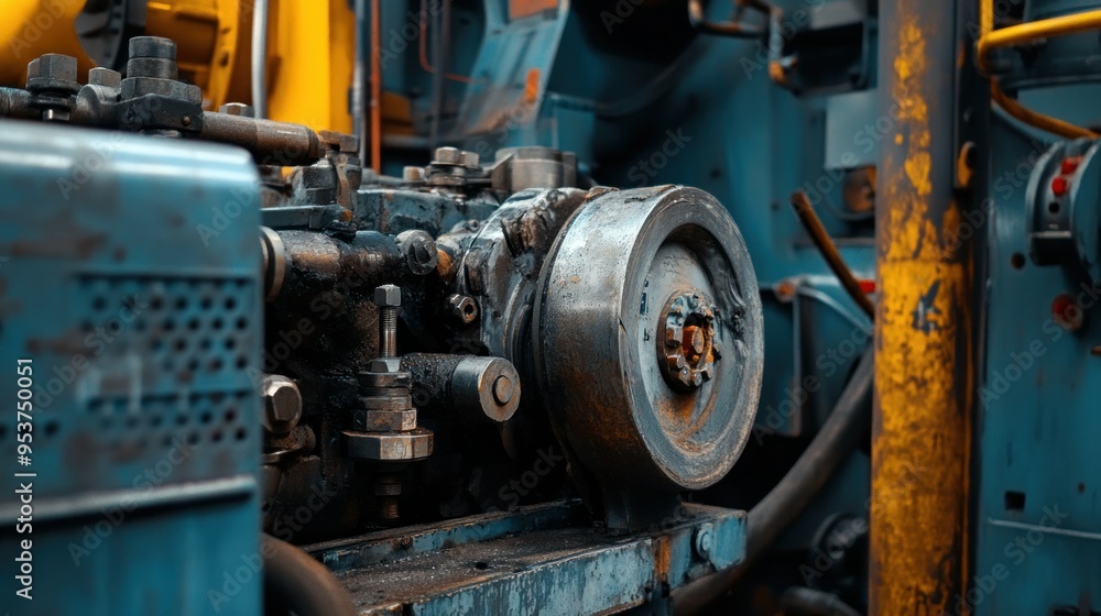Poster close-up of a large industrial machine's gears and components