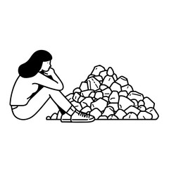 Woman Sitting by a Pile of Rocks.
