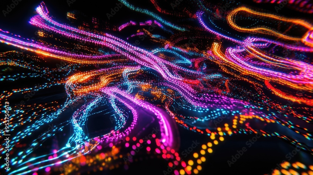 Poster beautiful neon lights from drones forming intricate patterns in the night sky, set against a dynamic