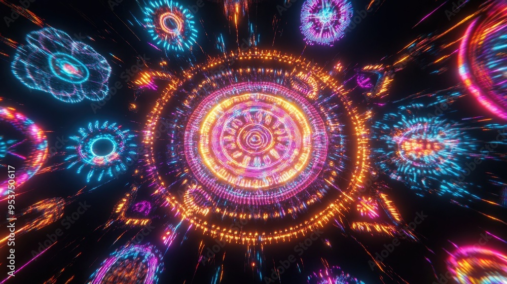 Poster beautiful neon lights from drones forming intricate patterns in the night sky, set against a dynamic