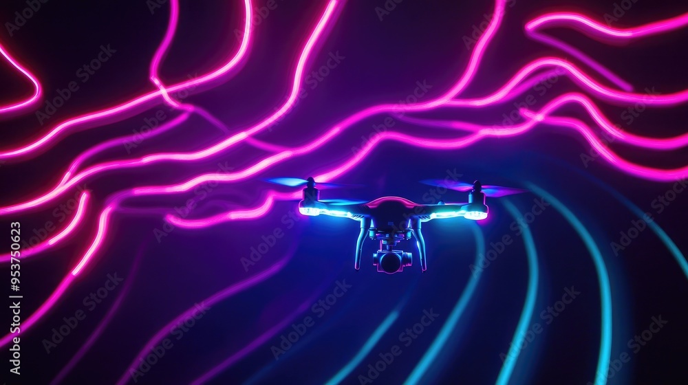 Poster beautiful neon light displays from drones, illuminating the sky with intricate patterns against a dy