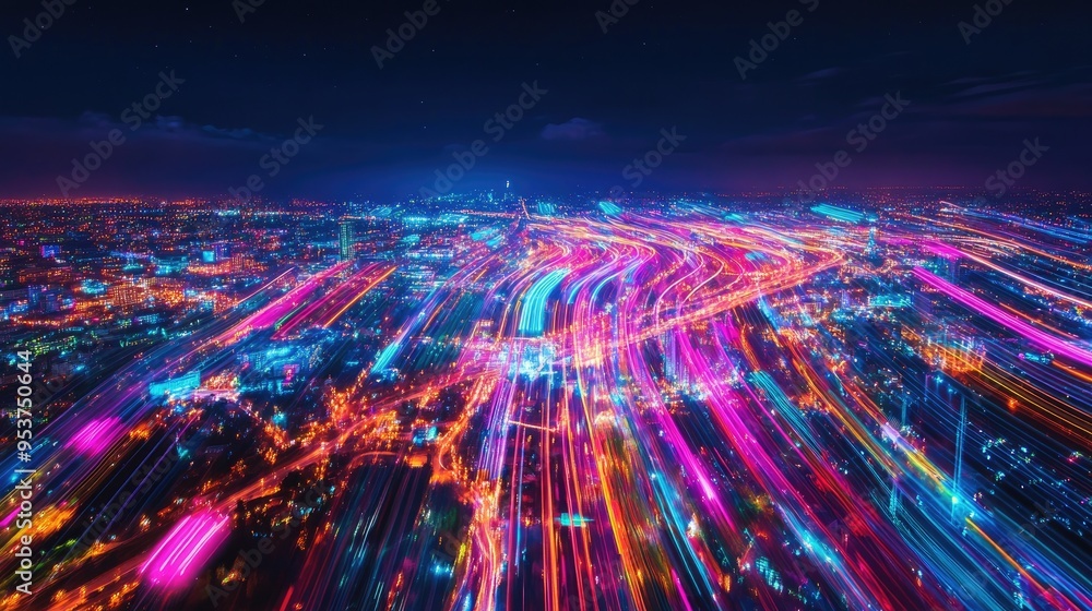 Poster beautiful neon lights from drones forming intricate patterns in the sky, with a dynamic black backgr