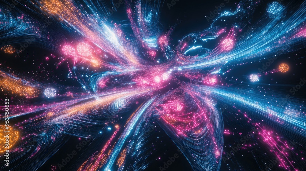 Poster Beautiful neon lights from drones forming intricate patterns in the sky, with a dynamic black background creating an awesome spectacle