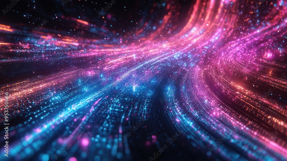 Poster beautiful neon lights from drones forming intricate patterns in the sky, with a dynamic black backgr