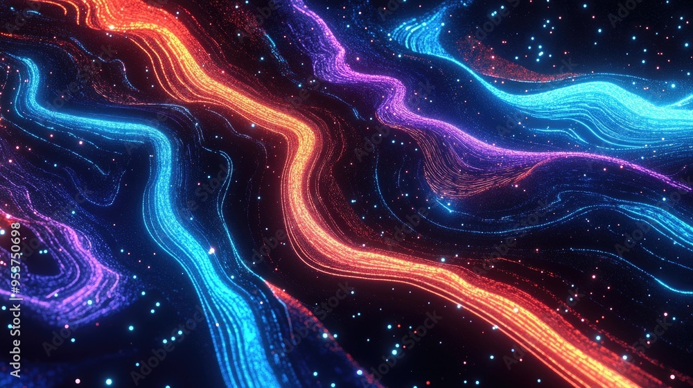 Poster beautiful neon lights from drones forming intricate patterns in the sky, with a dynamic black backgr