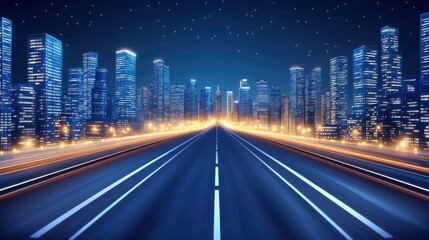 A vibrant cityscape at night featuring a wide road illuminated by city lights, creating a dynamic urban atmosphere.