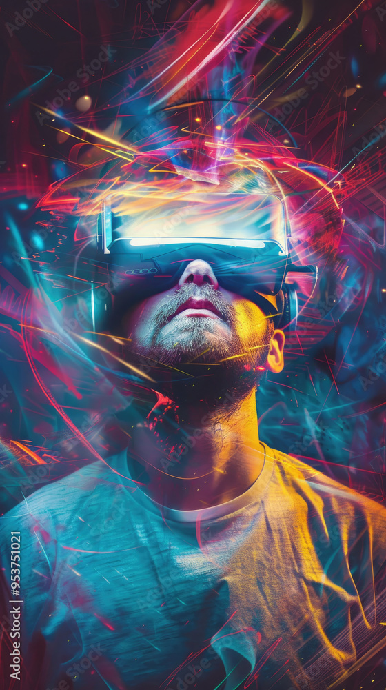 Poster the individual engages with vivid elements of virtual reality, surrounded by swirling colors and lig