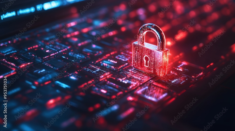 Aufkleber Red glowing padlock icon on a keyboard, symbolizing secure online transactions and data encryption in digital environments. Ideal for concepts of data protection and cybersecurity.