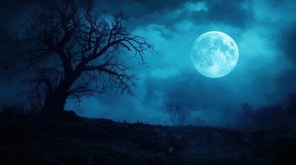 Fototapeta premium Chilling Full Moon Night Over Misty Blue Forest, Ideal for Spooky Wallpapers and Halloween Decor