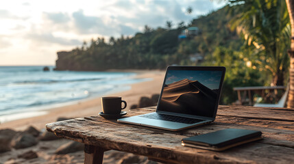 Remote Work Setup on a Tropical Beach with Laptop and Coffee