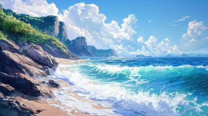 Beautiful stone seashore with swirling ocean waves, featuring a realistic background of rocky cliffs and clear skies