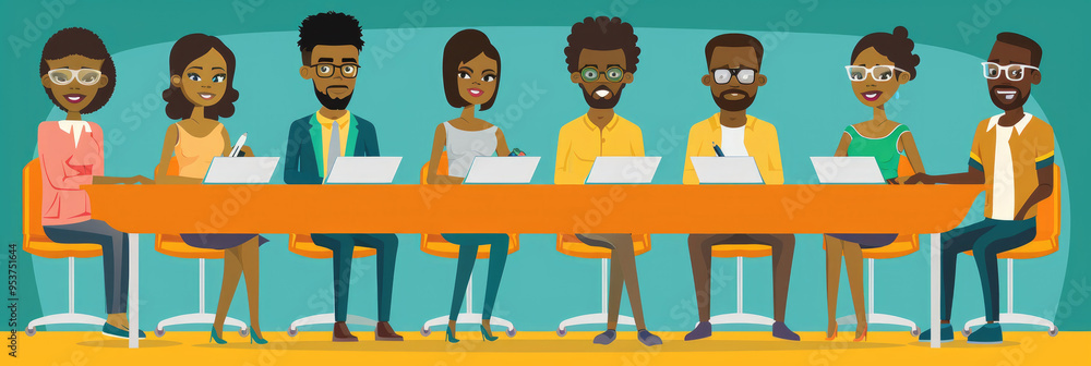 Poster a diverse team engages in lively discussion while taking notes at a well-lit conference table in a c