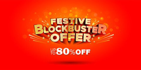 80% off Festive Blockbuster offer. Sale deal discount logotype design on vibrant red background.