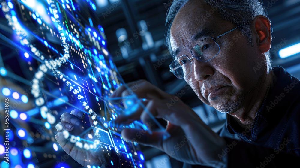 Poster a researcher examines complex data visualizations on a high-tech screen while conducting biotechnolo