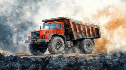 Dump truck hauling coal, industrial landscape, dramatic shadows, watercolor style