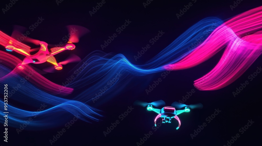 Poster drones creating beautiful neon light formations in the sky, set against a dynamic black background, 
